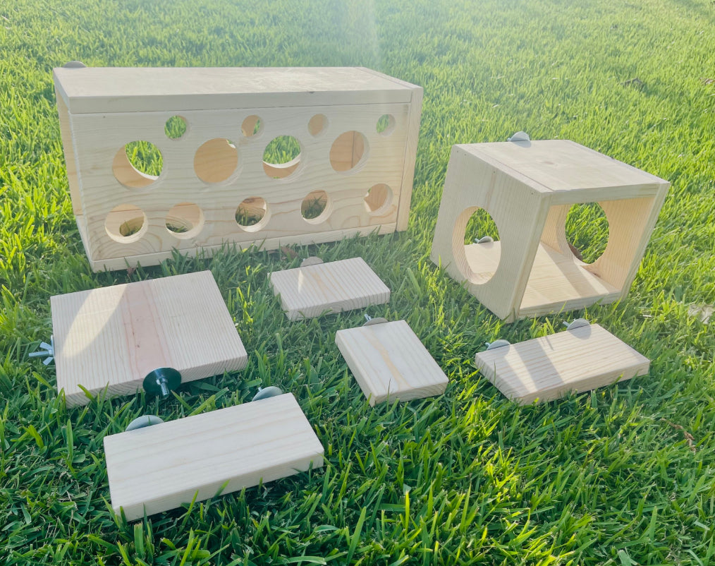 Lucky Number 7 Set with Leap Through and Peekaboo Hiedouts and Kiln Dried Pine Ledges for Chinchillas Rats Birds Degu Sugar Gliders etc
